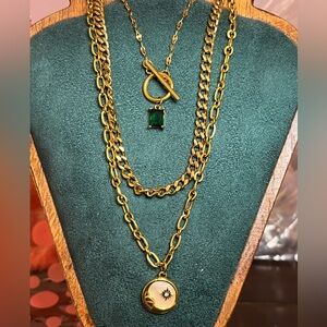 Classic Gold Layered Necklace Set: moon, chain, emerald-a quick jewelry wardrobe